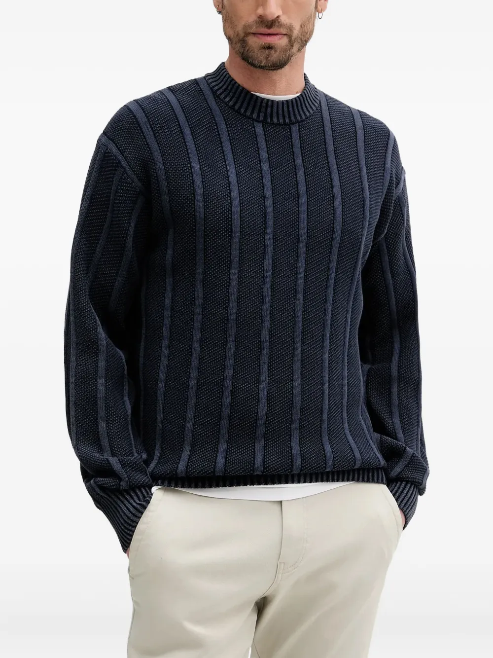 

Свитер в рубчик с круглым вырезом BOSS, синий