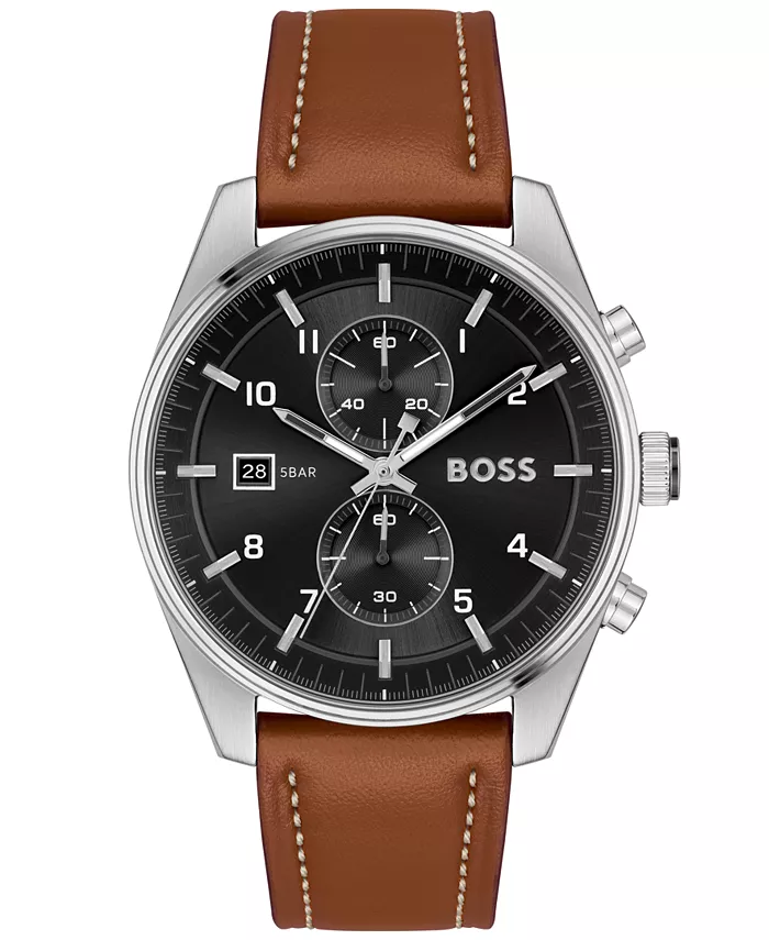 

Мужские кварцевые модные часы Skytraveller Chrono с коричневым кожаным ремешком 44 мм Hugo Boss