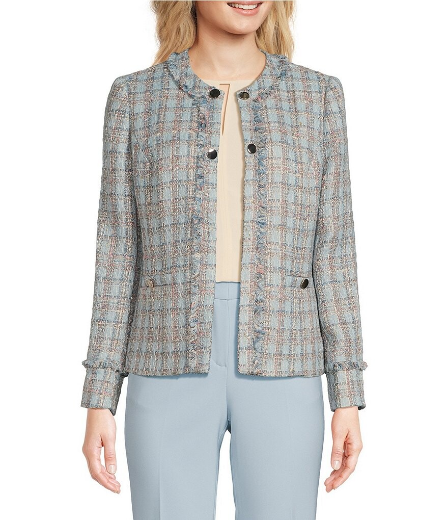 

Твидовый жакет Anne Klein с длинными рукавами и бахромой с круглым вырезом и накладными карманами, синий