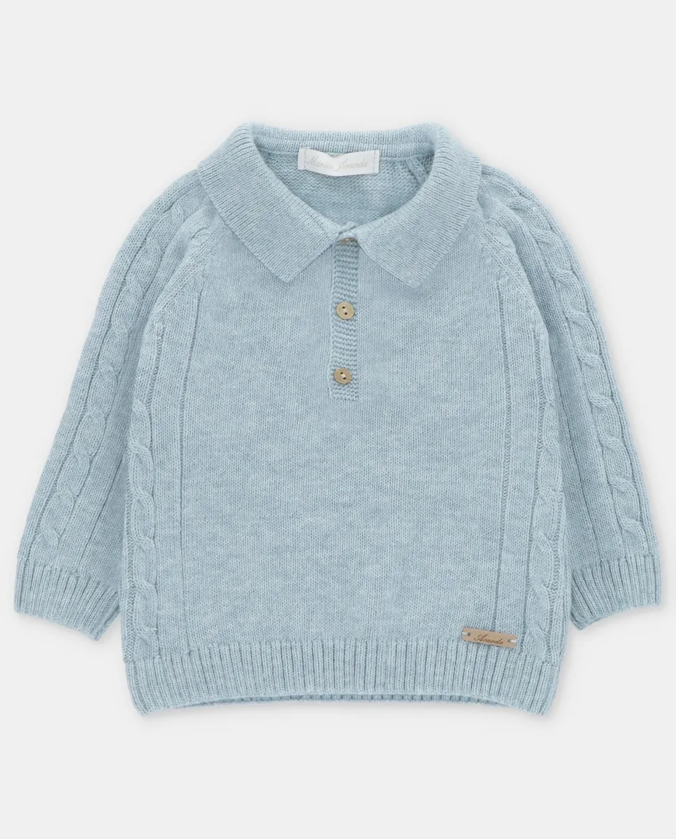 

Детский свитер с воротником поло и плетеным узором светло-серо-голубого цвета Martín Aranda