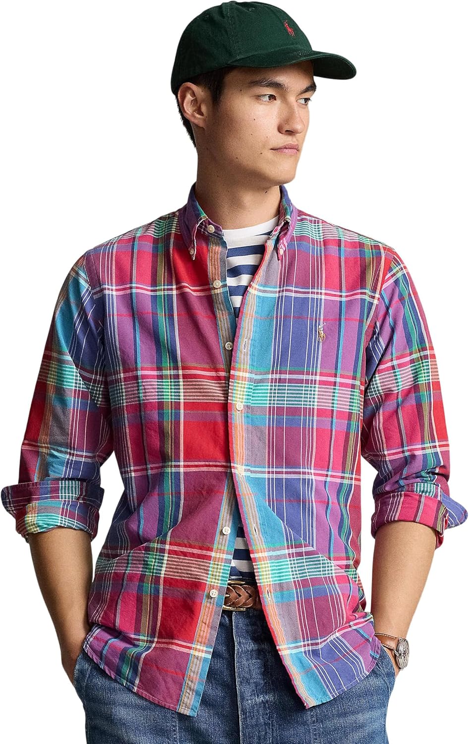 

POLO RALPH LAUREN Мужская классическая полосатая рубашка Oxford, Red Blue Multi