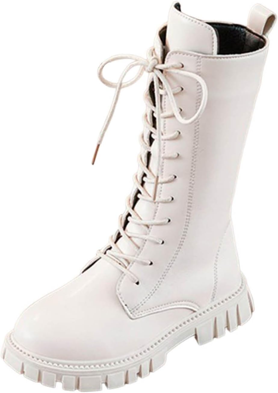 

Generic Детские сапоги для девочек до колена, с молнией и шнуровкой, боевые сапоги 2025 года, модные кожаные школьные сапоги, панк-готика, белые ботильоны, на возраст 4-12 лет