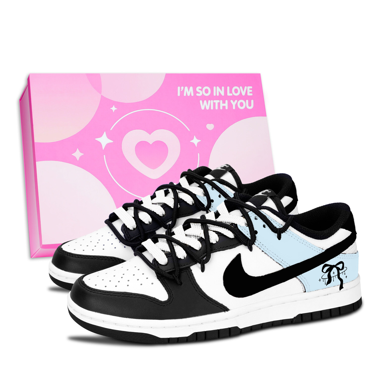 

Nike Dunk Black White, Soft Blue Butterfly Knot Leather Slip Resistant Abrasion Resistant Low top Skateboard Shoes Blue