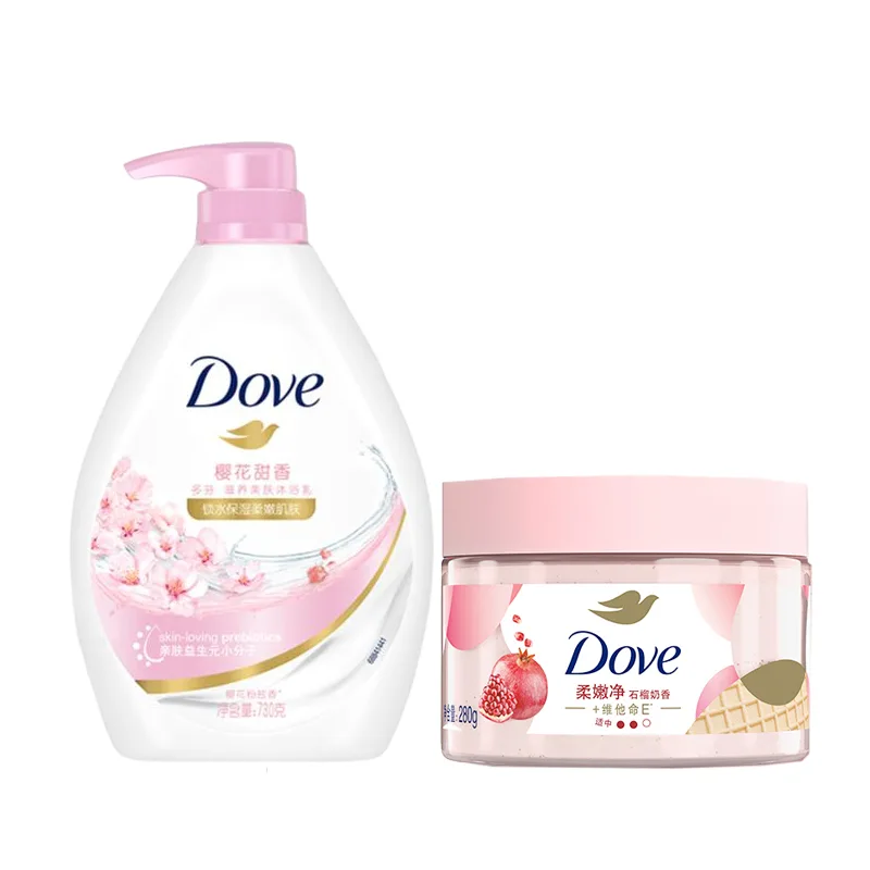 Dove Набор гелей для душа глубокого увлажнения с ароматическими эффектами 730 г+280 г, Two-Piece Set: Cherry Blossom Shower Gel 730g+Pomegranate Milk Scrub 280g