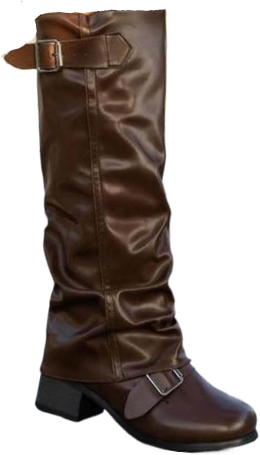 

Женские высокие ботинки, свободные коленные ботинки с закругленным носком и пряжкой, повседневные винтажные вестерн-ботинки, массивные ботильоны на низком каблуке с платформой, складные ездовые ботинки, обувь для прогулок на улице Rianclud, кори...