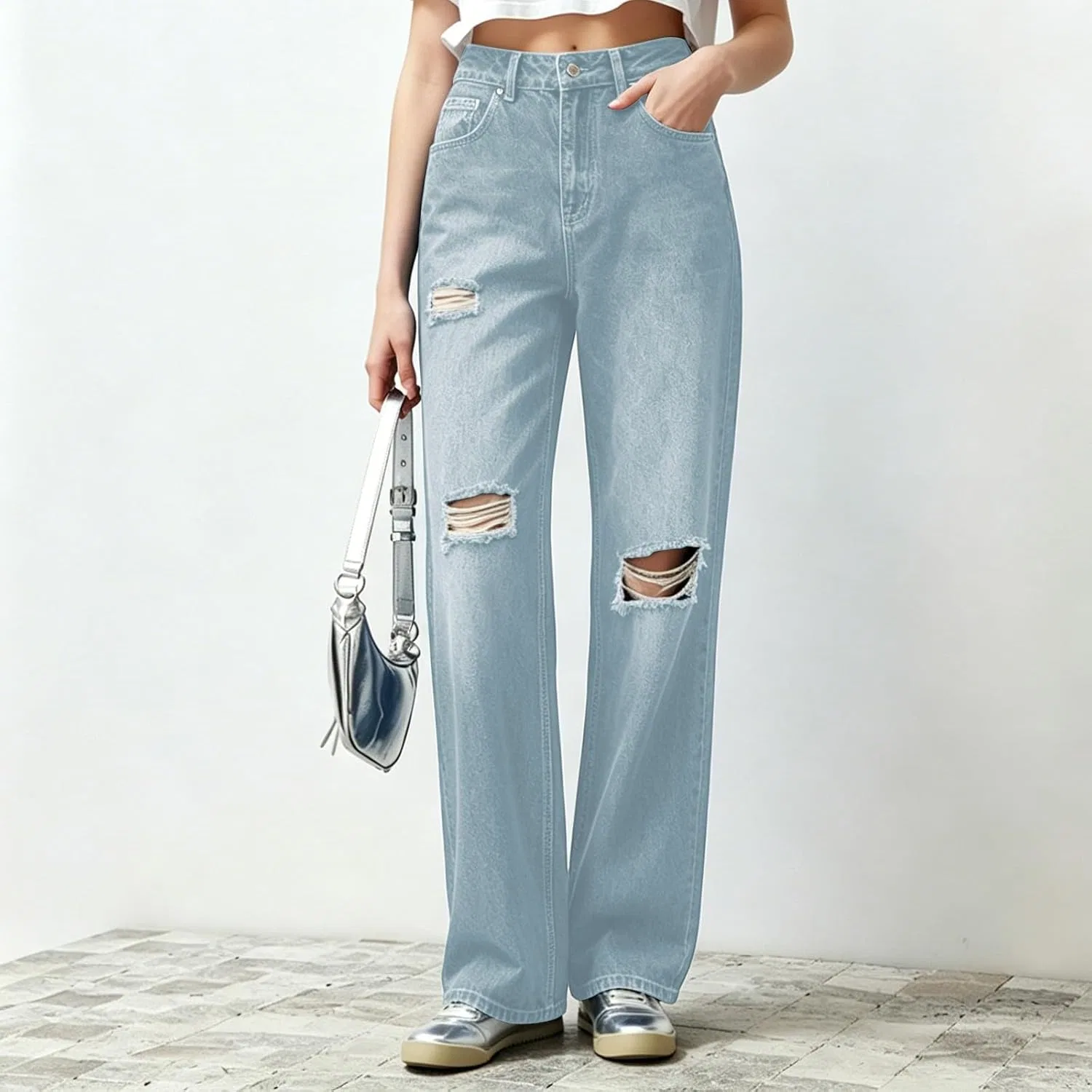 Джинсы свободные Y2K с разрывами, Light Blue — фото 3