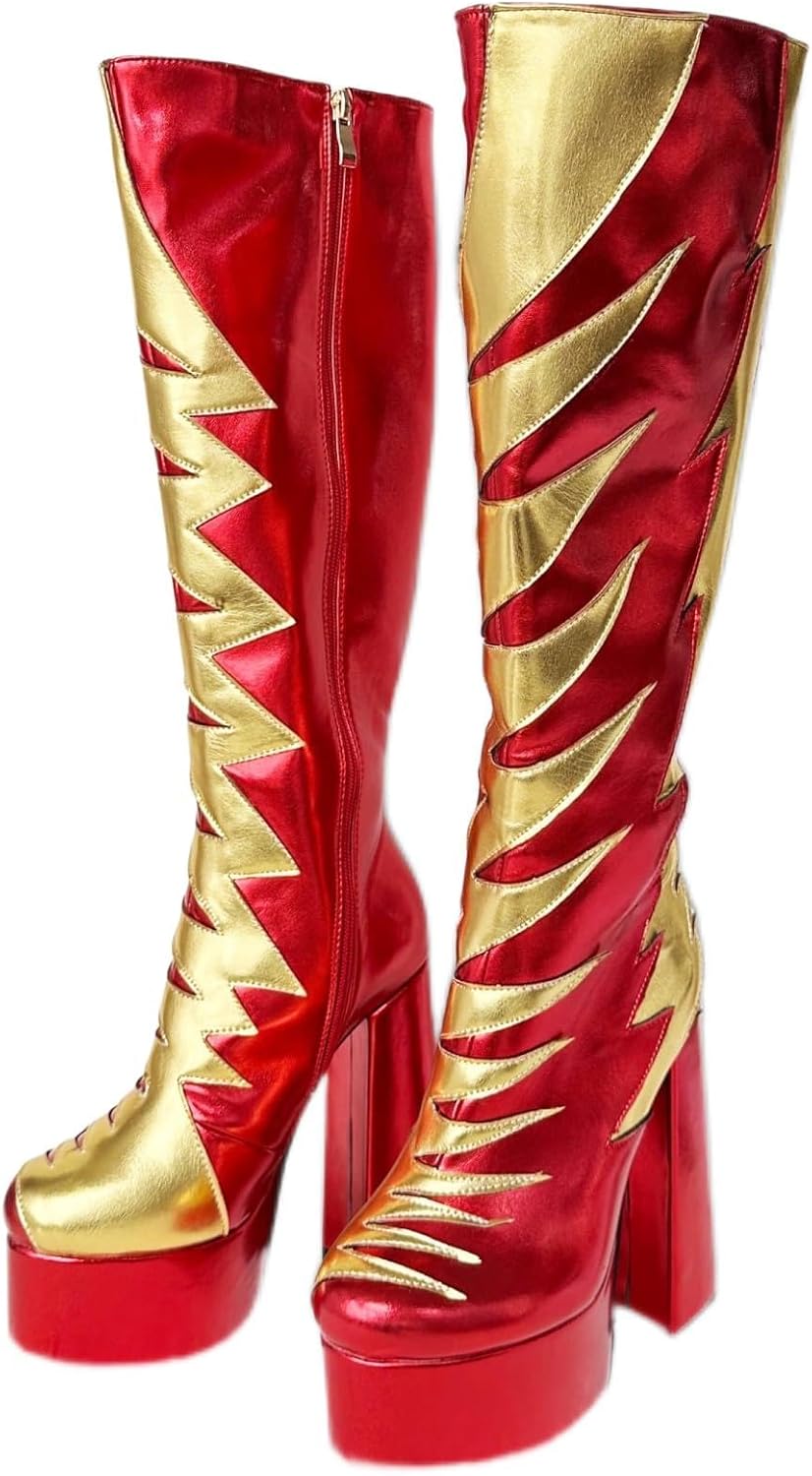

Женские и мужские ботильоны Frankie Hsu для девушек, сексуальные, унисекс, массивная платформа, высокие до колена с широким голенищем на каблуке, красно-золотая роскошная мода, большие размеры US4-14