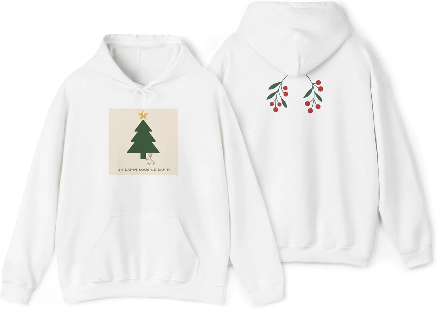 Худи Un Lapin sous le Sapin (Зайчик под елкой) на рождественскую тематику, минималистичный дизайн спинки с изображением елки и ягод, унисекс GENERIC, белый