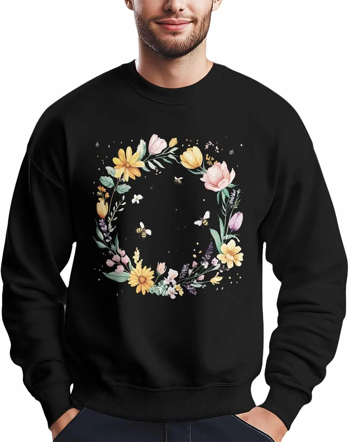 

Мужской свитшот с принтом весеннего венка и пчелы, Crewneck, Long Sleeve Winvebermior