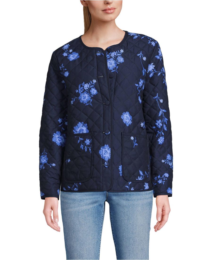 

Женская стеганая двусторонняя куртка Lands' End, Navy floral/navy gingham