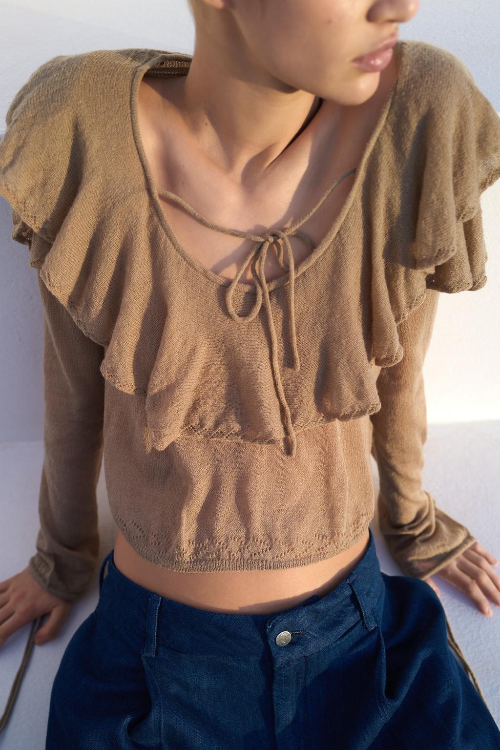 

Вязаный топ с оборками ZARA, цвет Brown/Taupe