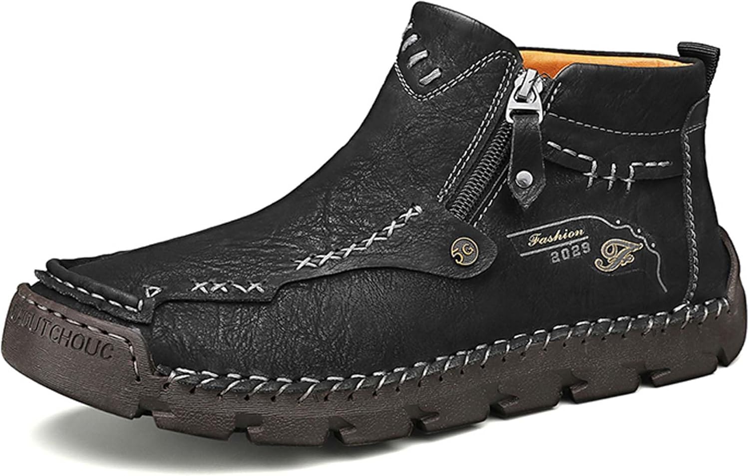 

Мужские кожаные прогулочные туфли, винтажный рабочий стиль с текстурным дизайном, полуботинки для мужчин, короткие повседневные ботинки, усиленная прошитая подошва, мягкие, удобные, противоскользящие, прочные Vtiao, черный