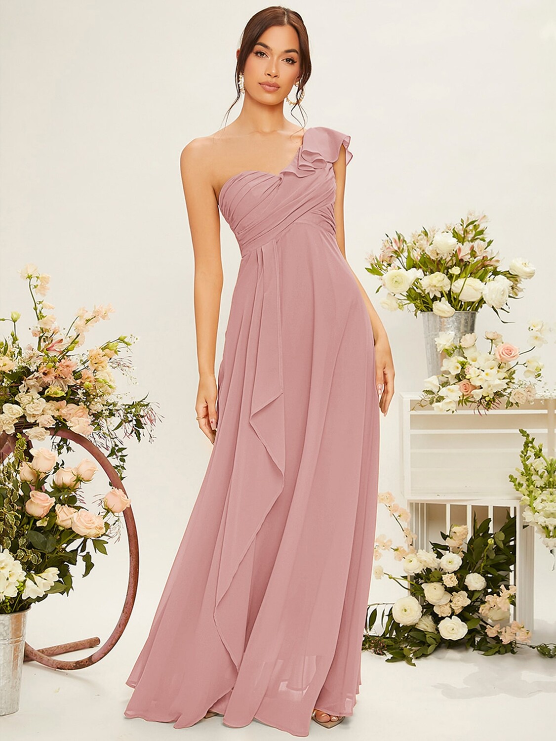 

SHEIN Платье для подружки невесты Belle Одно плечо, рюши, пастельно-розовый