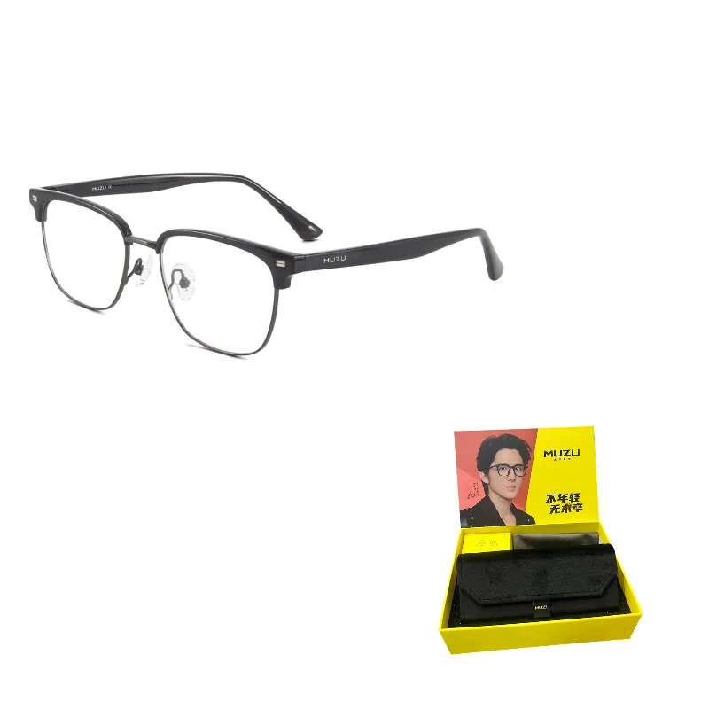 Очки в стиле browline унисекс MUZU, Versatile Black | Gunmetal-C22 & Plano Blue Light Blocking Non-Prescription Lens