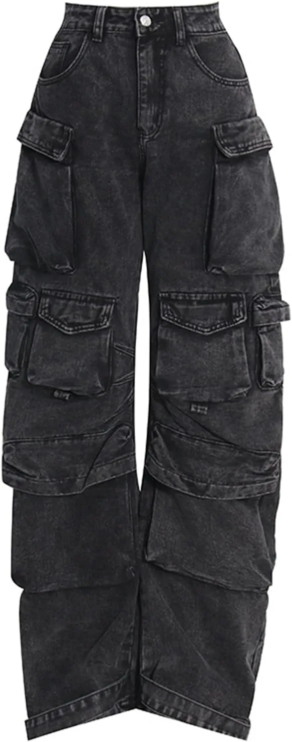 

Готические женские джинсы loose relaxed high waist с большими карманами TUAQIANG