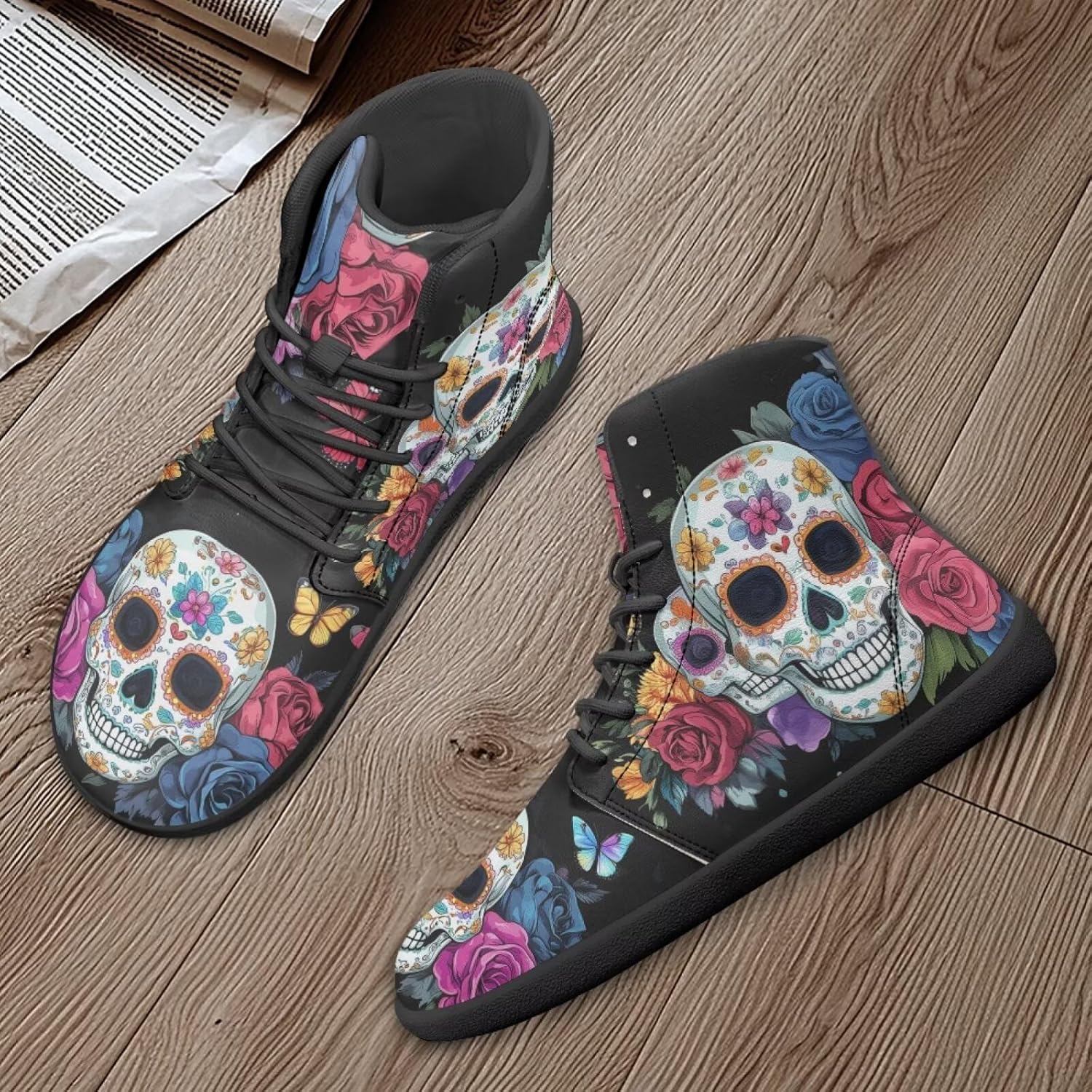 Мужские босоножки Jeiento Skull, высокие кроссовки из ПУ-кожи для ходьбы, легкие ботинки с широкой носовой частью, шнуровка, беговые кроссовки, Colorful Hippie Flower Skull — фото 4