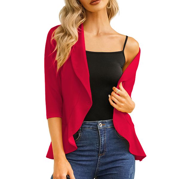 

Женский блейзер-кардиган с лацканами, три четверти рукава и баской Elitespirit, Red