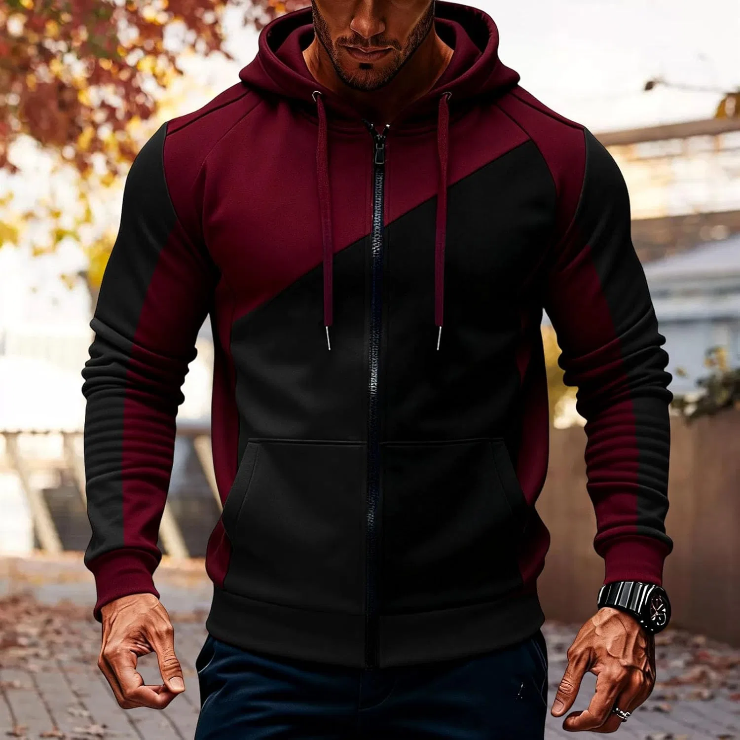 Мужская молния-худи slim fit контрастная, Wine Red — фото 2