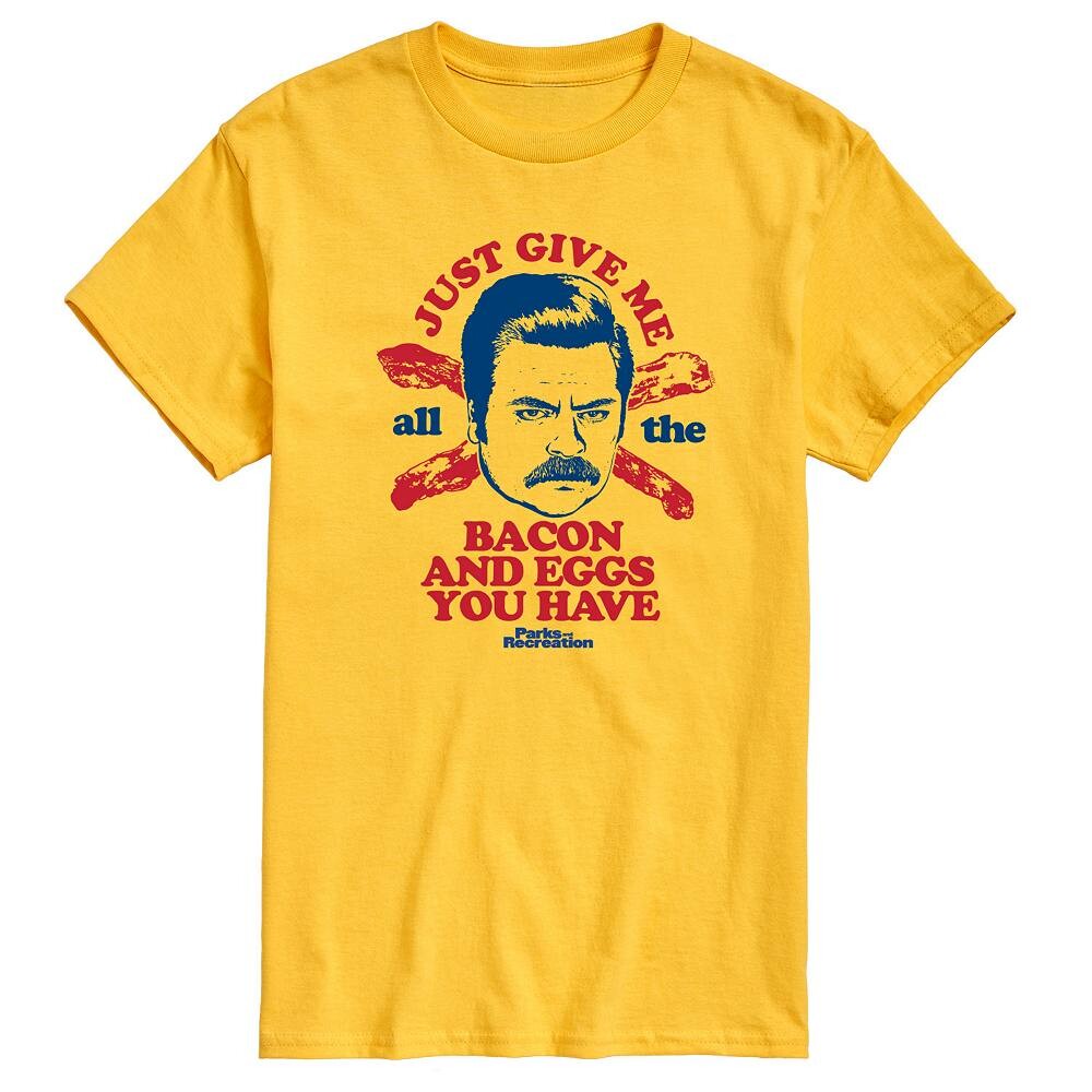 

Мужская футболка с рисунком Parks And Recs Ron Bacon Eggs Licensed Character, желтый