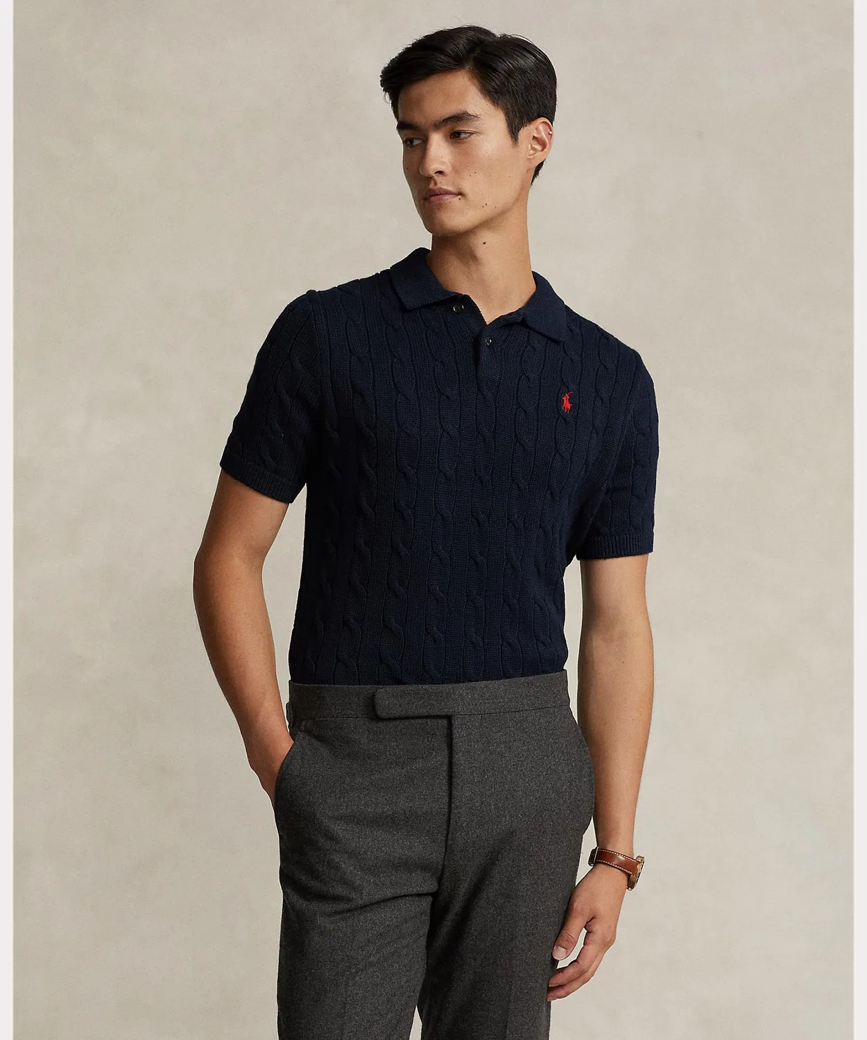 Свитер поло с кабельным узором из хлопка Polo Ralph Lauren синий