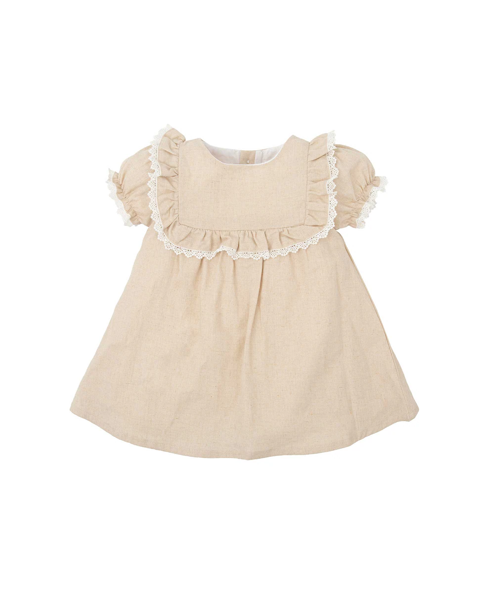 

Детское платье с коротким рукавом из гладкой ткани с кружевом BABIDÚ, естественный