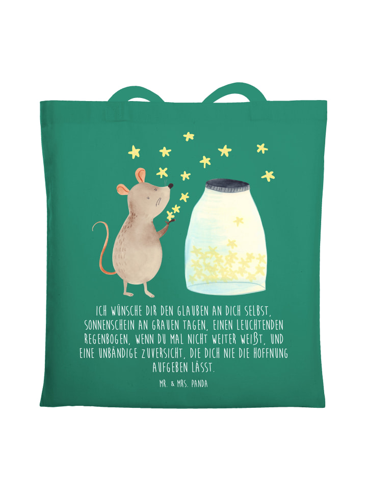 

Mr. & Mrs. Panda Сумка-шоппер с изображением мышки, звездочек и надписи мятного цвета