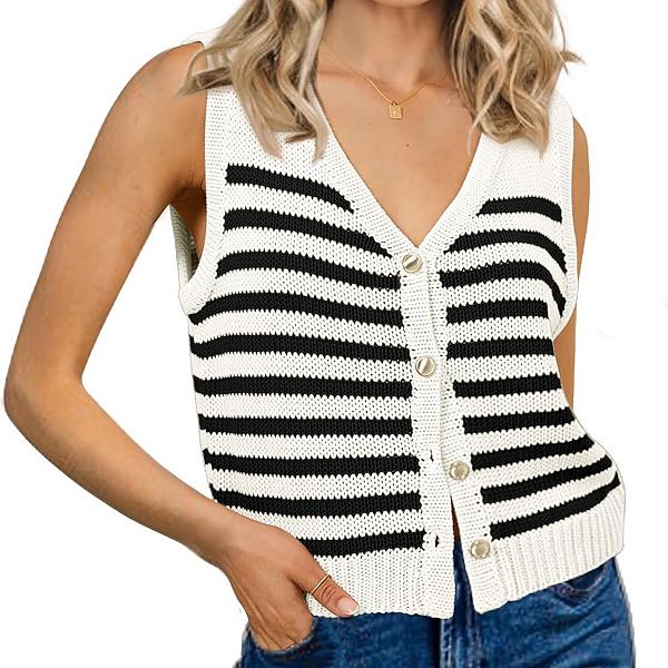 

Женский полосатый жилет без рукавов с v-образным вырезом Clearflower, Black And White