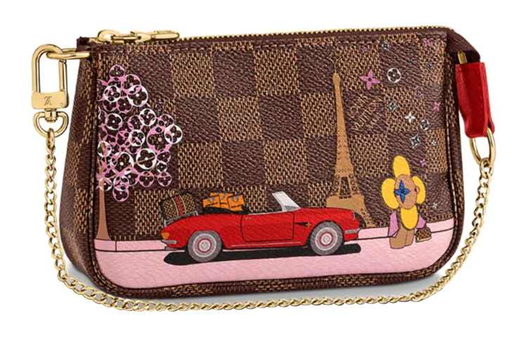 

LOUIS VUITTON Миниатюрная сумочка на цепочке Damier Ebene с красной подкладкой Vivienne Paris