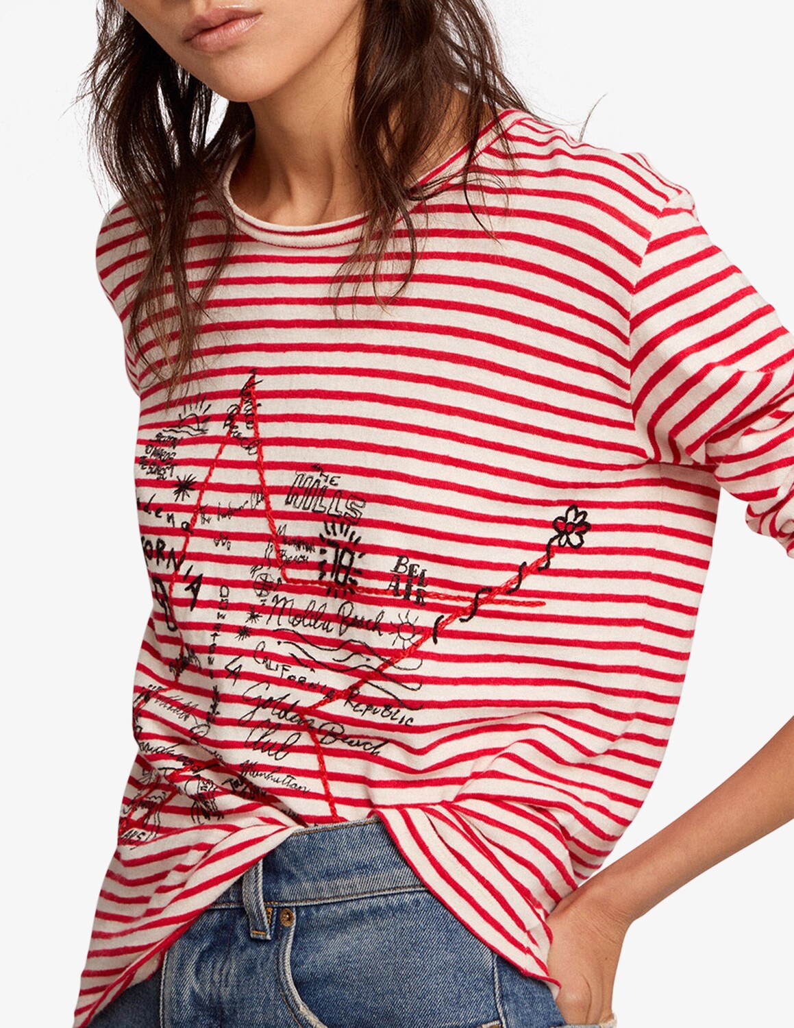 

Футболка с длинным рукавом в золотистую полоску Golden Goose, цвет Ecru/Tango Red