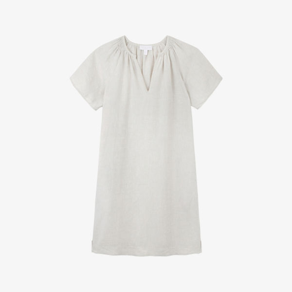 

Мини-платье-рубашка из льна с V-образным вырезом и короткими рукавами The White Company, цвет flax