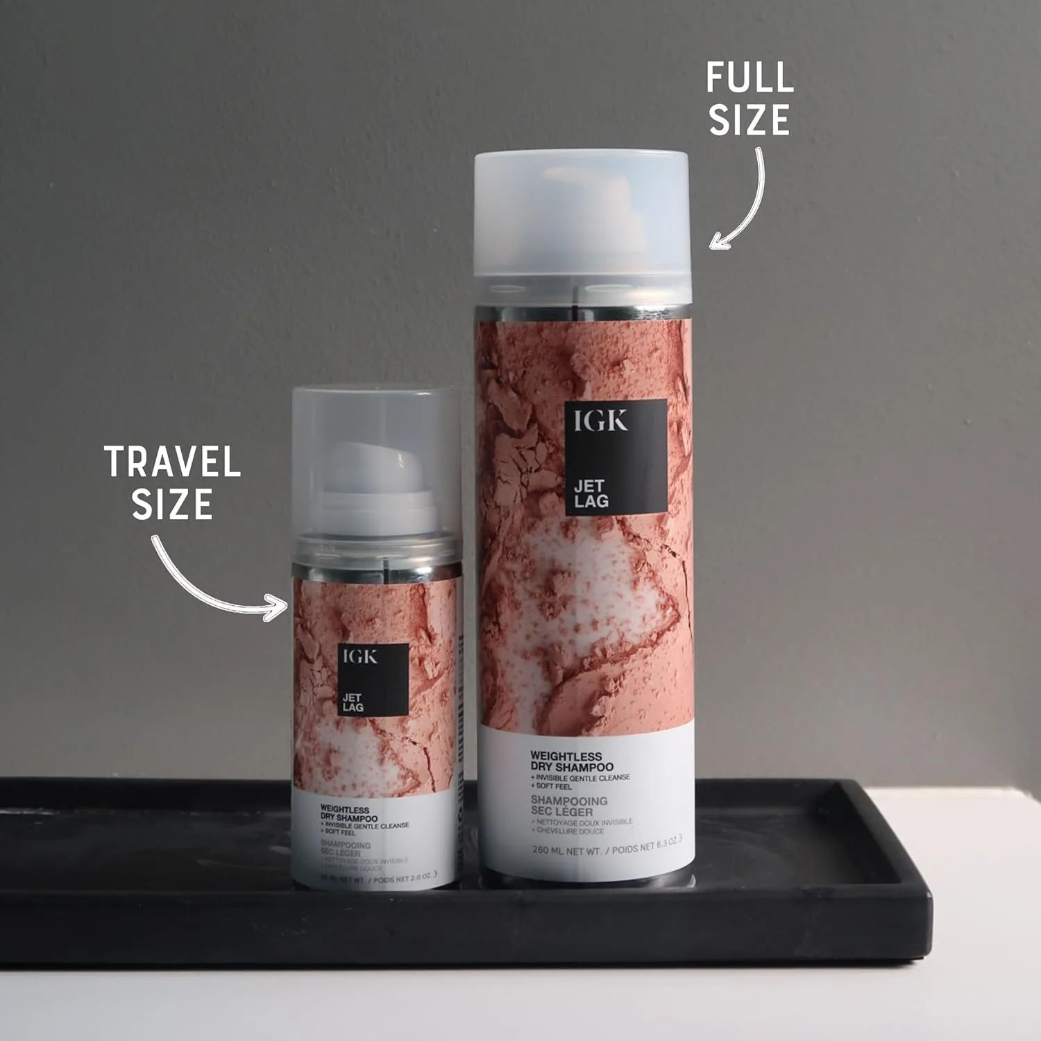IGK Jet Lag Invisible Dry Shampoo, набор из 2 штук: полноразмерный и дорожный, невесомая формула с вулканическим пеплом для очищения — фото 2