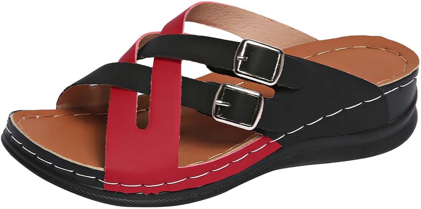 

Ортопедические сандалии для женщин летние, удобные, с открытым носком, перекрещивающимися регулируемыми ремешками, на танкетке, для прогулок, повседневные слипоны, легкие нарядные с низким каблуком, с поддержкой свода стопы Kajxz, красный