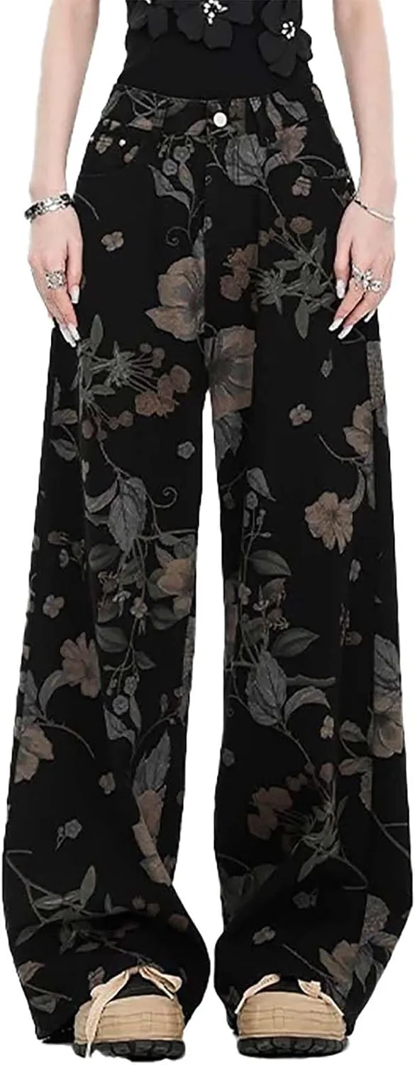 

Брюки-багги для женщин Y2K с цветочным принтом, высокие, винтажные LUUTWAL