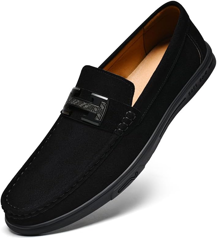 

Мужские замшевые лоферы с металлической пряжкой, плоские, с круглым носком, без застежки, с мягкой подошвой, модные мокасины для вождения, комфортные офисные туфли-лодочки Meixi Mobile, черный