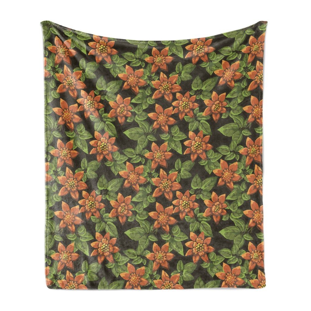 

ABAKUHAUS Burnt Orange Мягкое фланелевое флисовое одеяло, роспись лепестками листьев, уютный плюш для использования в помещении и на открытом воздухе, 125 x 175 см, темно-серо-коричневый и зеленый, оранжевый