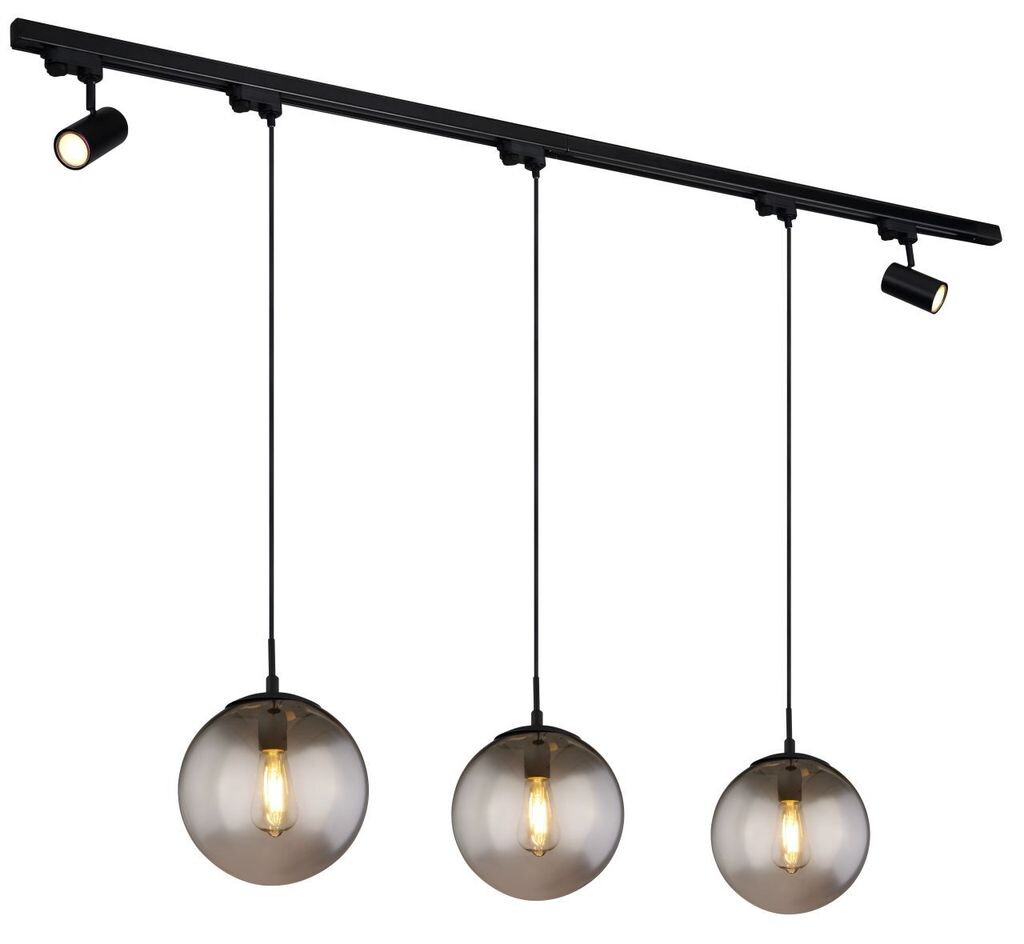 

Потолочный светильник Globo Lighting черный матовый металл, черный пластик, дымчатое стекло, черный матовый металл, кабель текстильный черный, подвижный, 3-фазная рейка, вкл. : 1930x250x1200 мм, без 3x E27 60 Вт 230 В, без 2x GU10 35 Вт 230 В