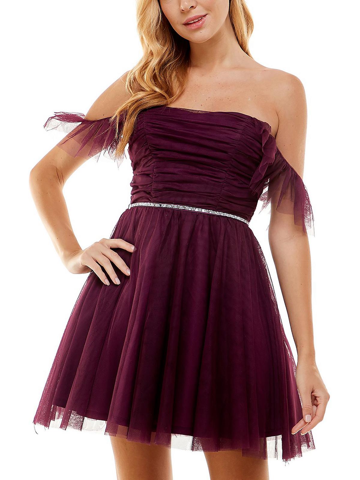 

Платье Juniors Womens Mesh Ruched Fit & Flare Dress City Studios, цвет plum