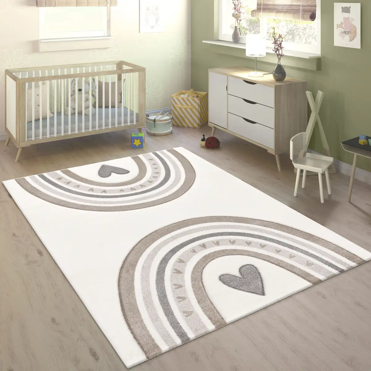 

Детский ковер Paco Home "Космос 351", прямоугольный, короткий ворс, игровой коврик, мотив радуги и сердца, детская комната 120х170 см, бежевый