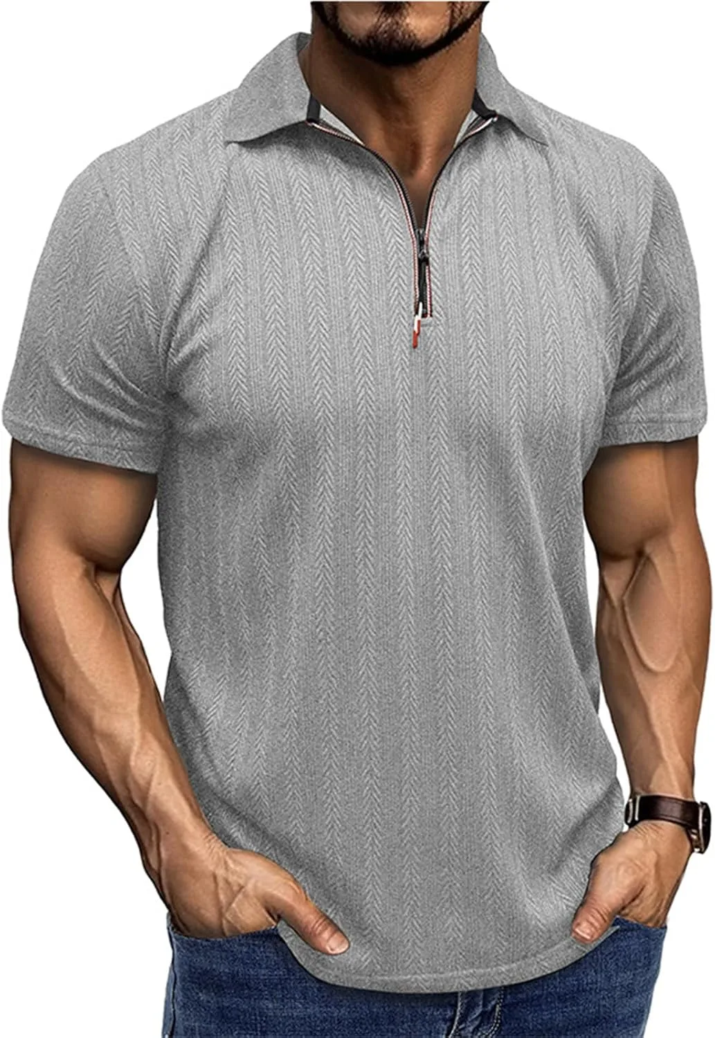 

Evzosrz мужская поло с коротким рукавом и воротником-стойкой, текстурированный жаккард