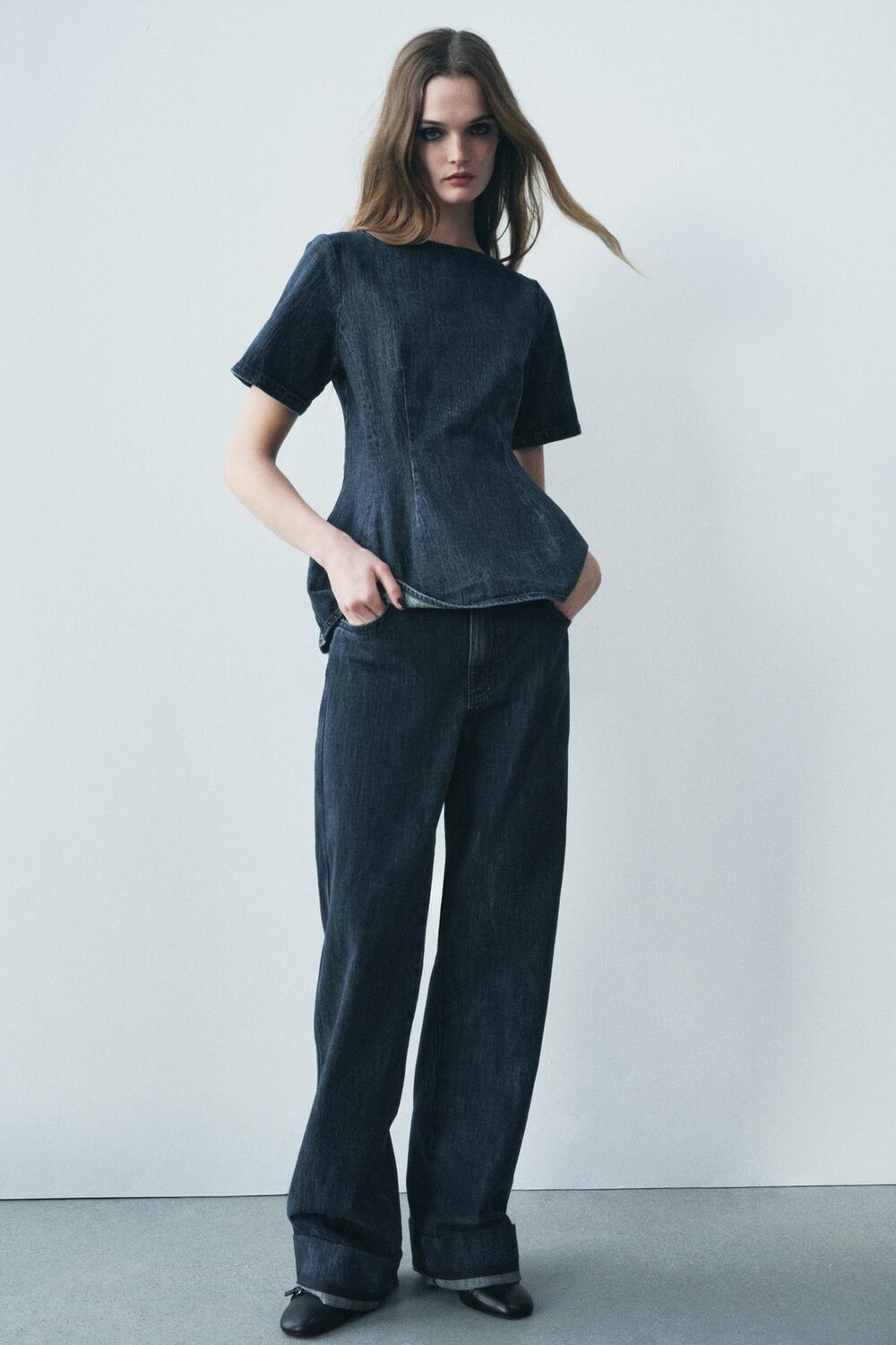 

Джинсовый топ с баской ZARA, синий