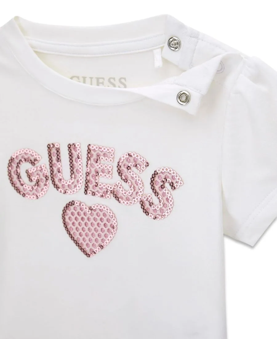 Детский комплект для девочек: футболка с коротким рукавом и юбка GUESS, белый/розовый — фото 4