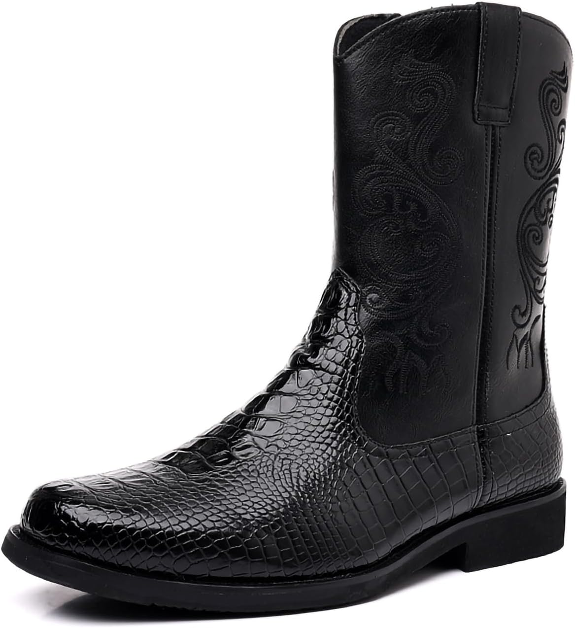 

Мужские ковбойские сапоги с боковой молнией, квадратным носком, узором под крокодила, из искусственной кожи до середины голени с аппликацией и вышивкой Generic, черный