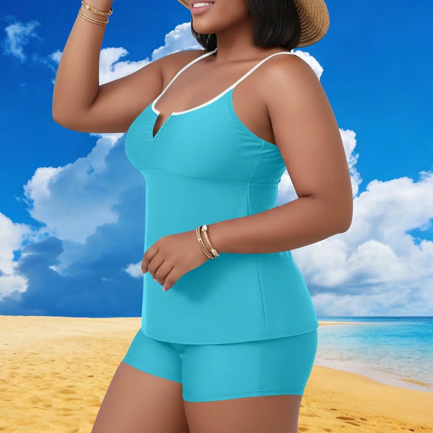 Женский купальник танкини Plus Size с модным вырезом V-образным и шортиками на тонких бретелях Generic, синий — фото 2