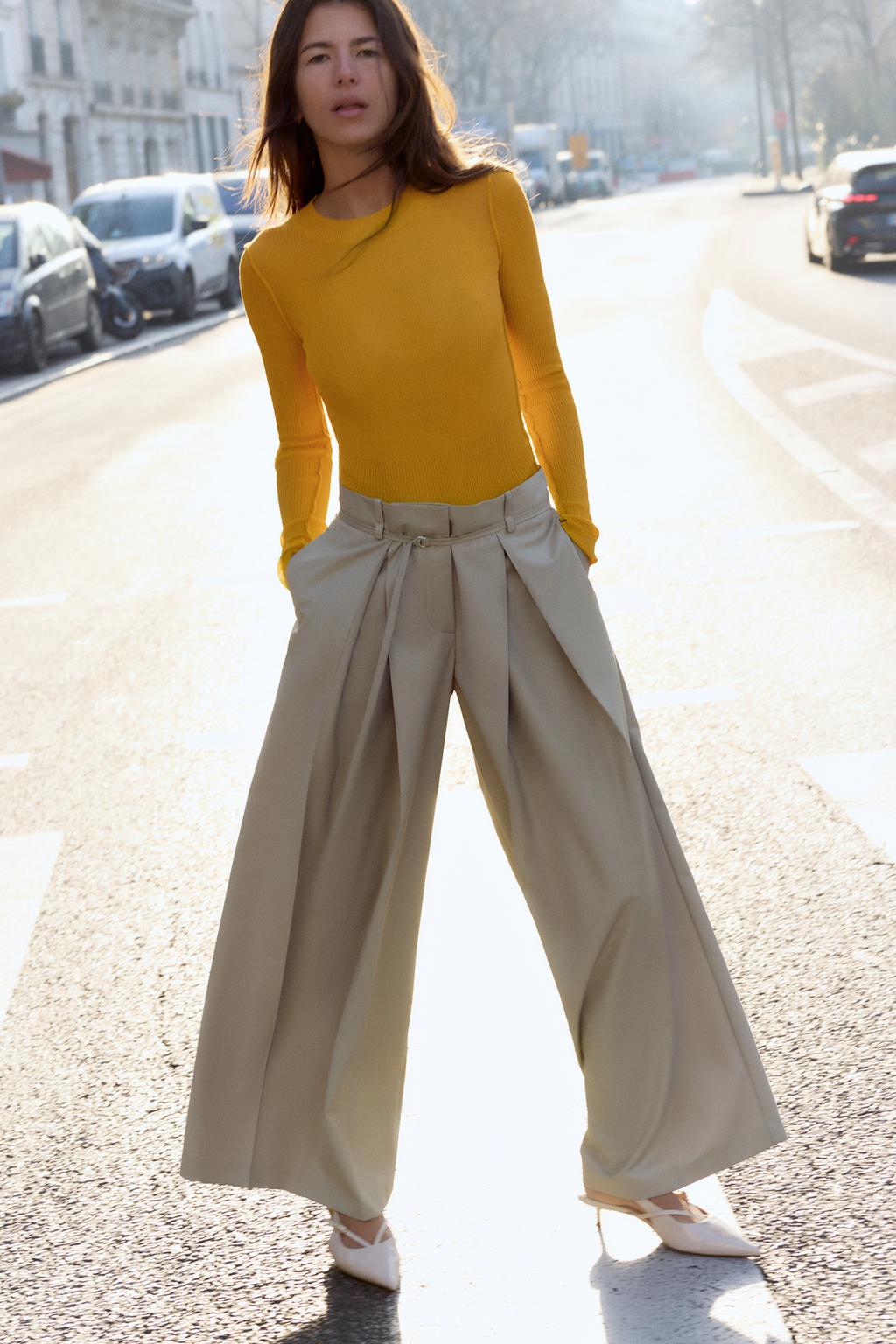 

Широкие брюки с тонким поясом ZARA, цвет Light camel
