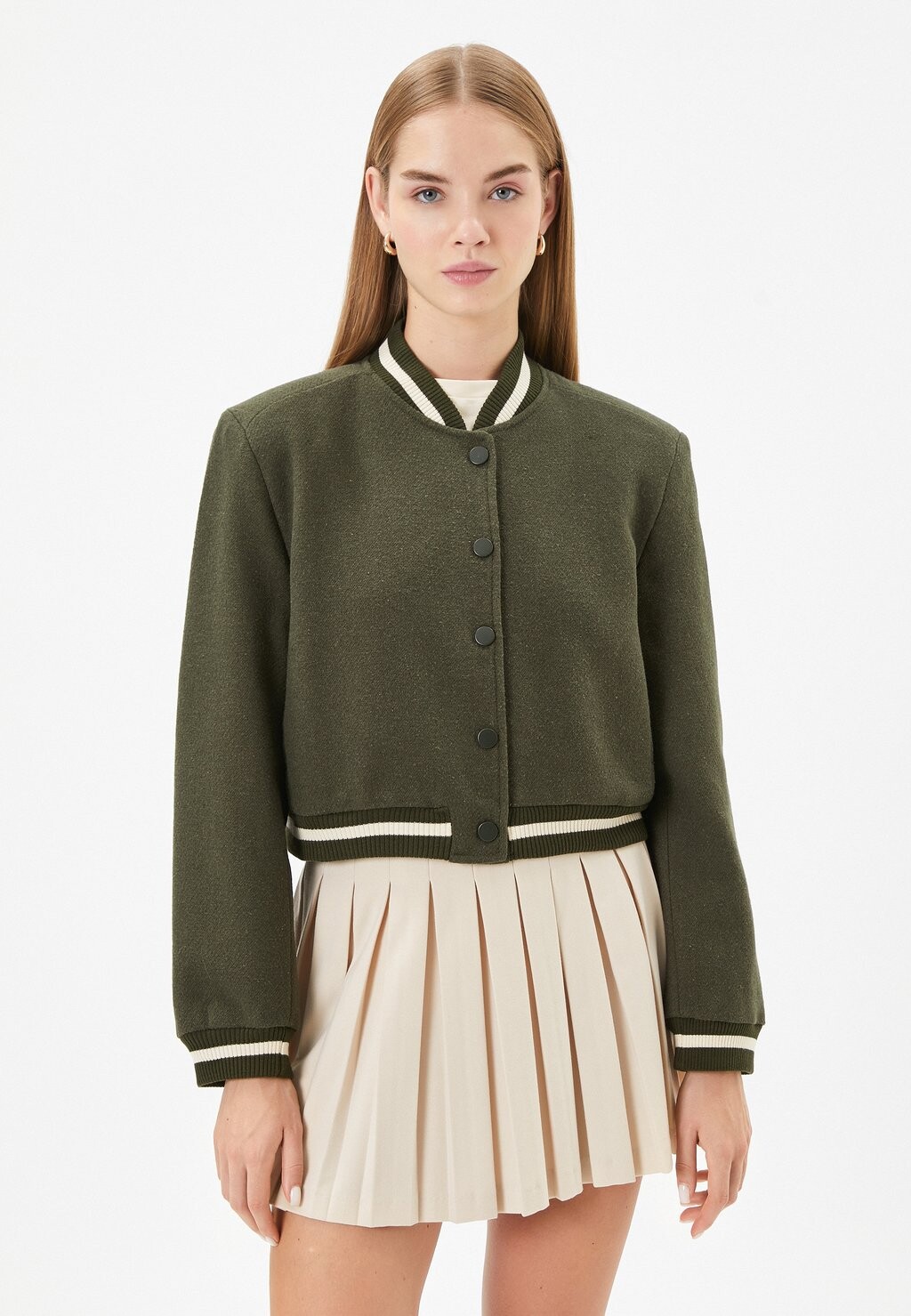 

Куртка-бомбер VARSITY CROP ROUND COLLAR SNAP BUTTON CLOSURE Koton, цвет khaki