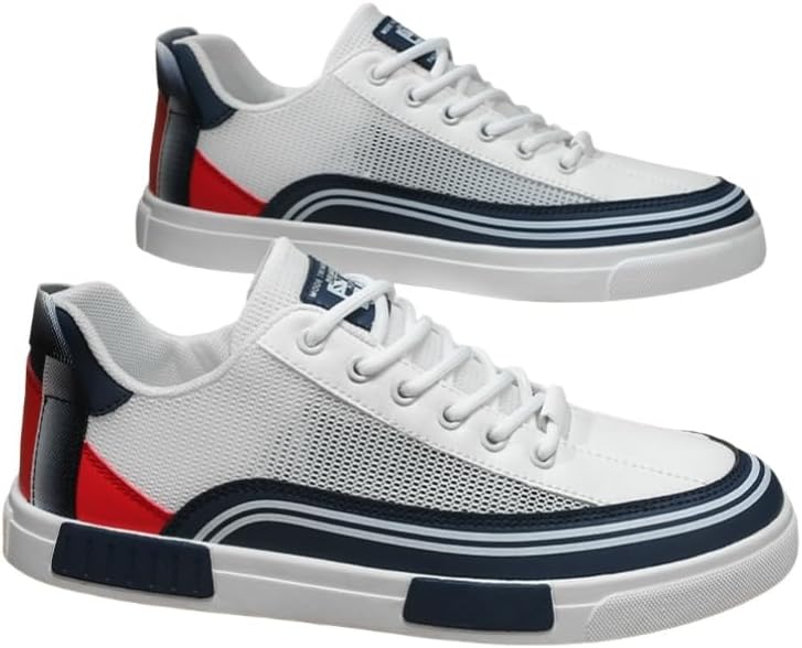 

Мужские кроссовки для скейтборда с полосами и цветными блоками - дышащие кеды на шнуровке для бега на свежем воздухе, прогулок и уличных прогулок Minlaidian, белый/синий