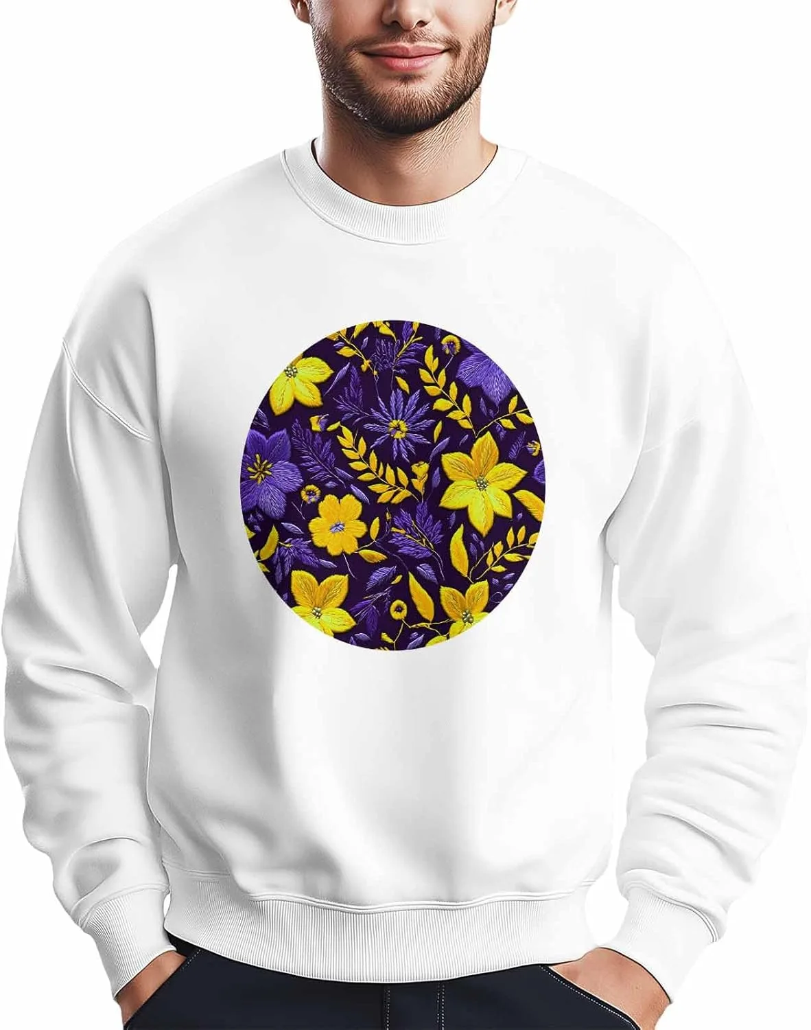 

Мужской свитшот с желто-фиолетовым цветочным принтом, Crewneck, Long Sleeve Winvebermior