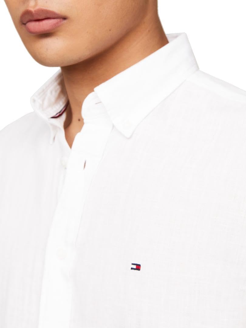 Мужские повседневные льняные рубашки Tommy Hilfiger с коротким рукавом и застежкой на пуговицы, классический крой, Optic White — фото 2