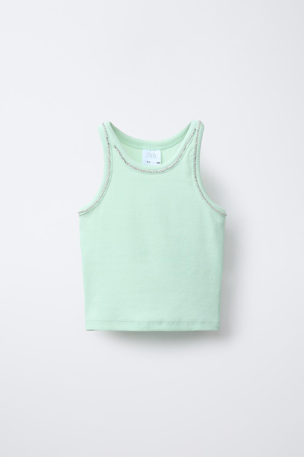 

Футболка в рубчик с драгоценными камнями ZARA, зеленый