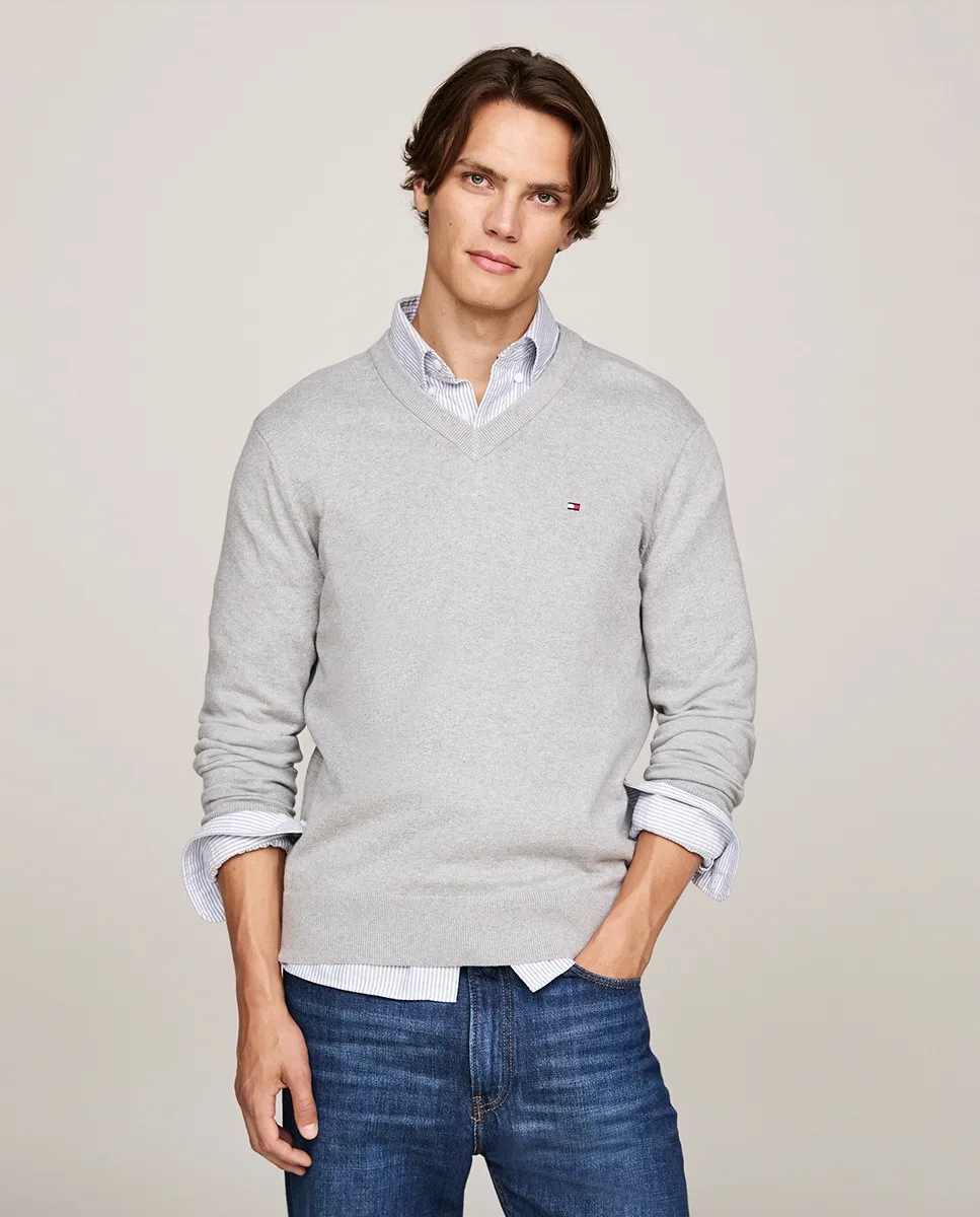 

Мужской однотонный джемпер с V-образным вырезом Tommy Hilfiger, светло-серый